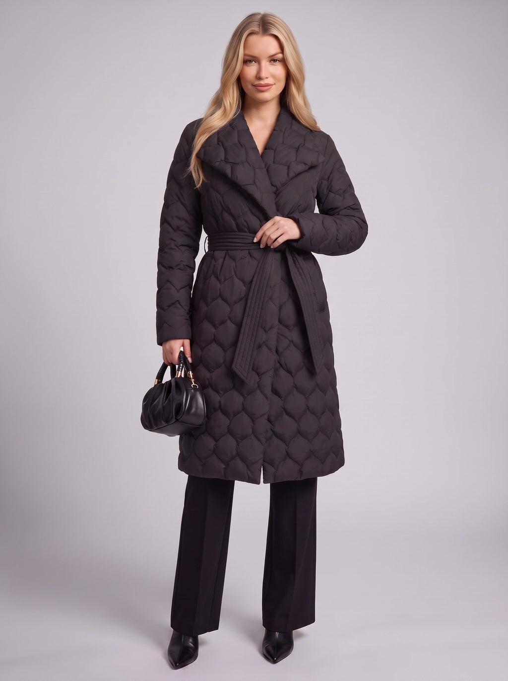 Scaltique Belted Shawl Collar Puffer Coat – Quilted Longline Puffer Coat Women Winter Belted Wrap Coat