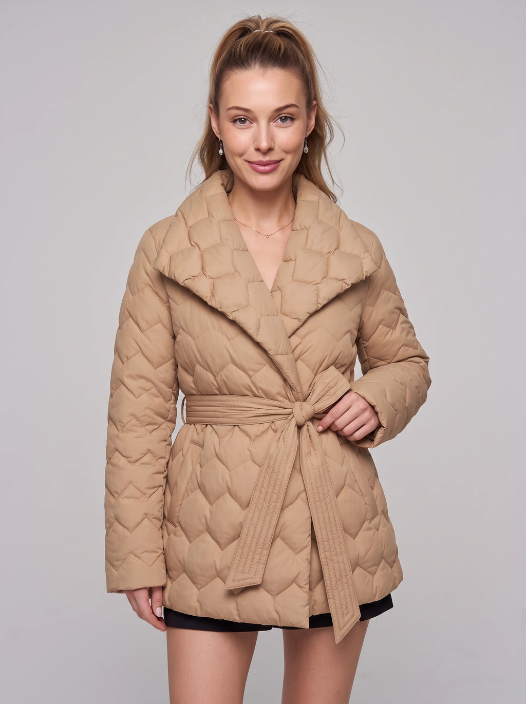 Ribnette Shawl Collar Quilted Puffer Coat – Women Padded Jacket Ladies Belted Wrap Winter Outerwear Coat