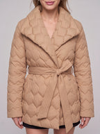 Ribnette Shawl Collar Quilted Puffer Coat – Women Padded Jacket Ladies Belted Wrap Winter Outerwear Coat