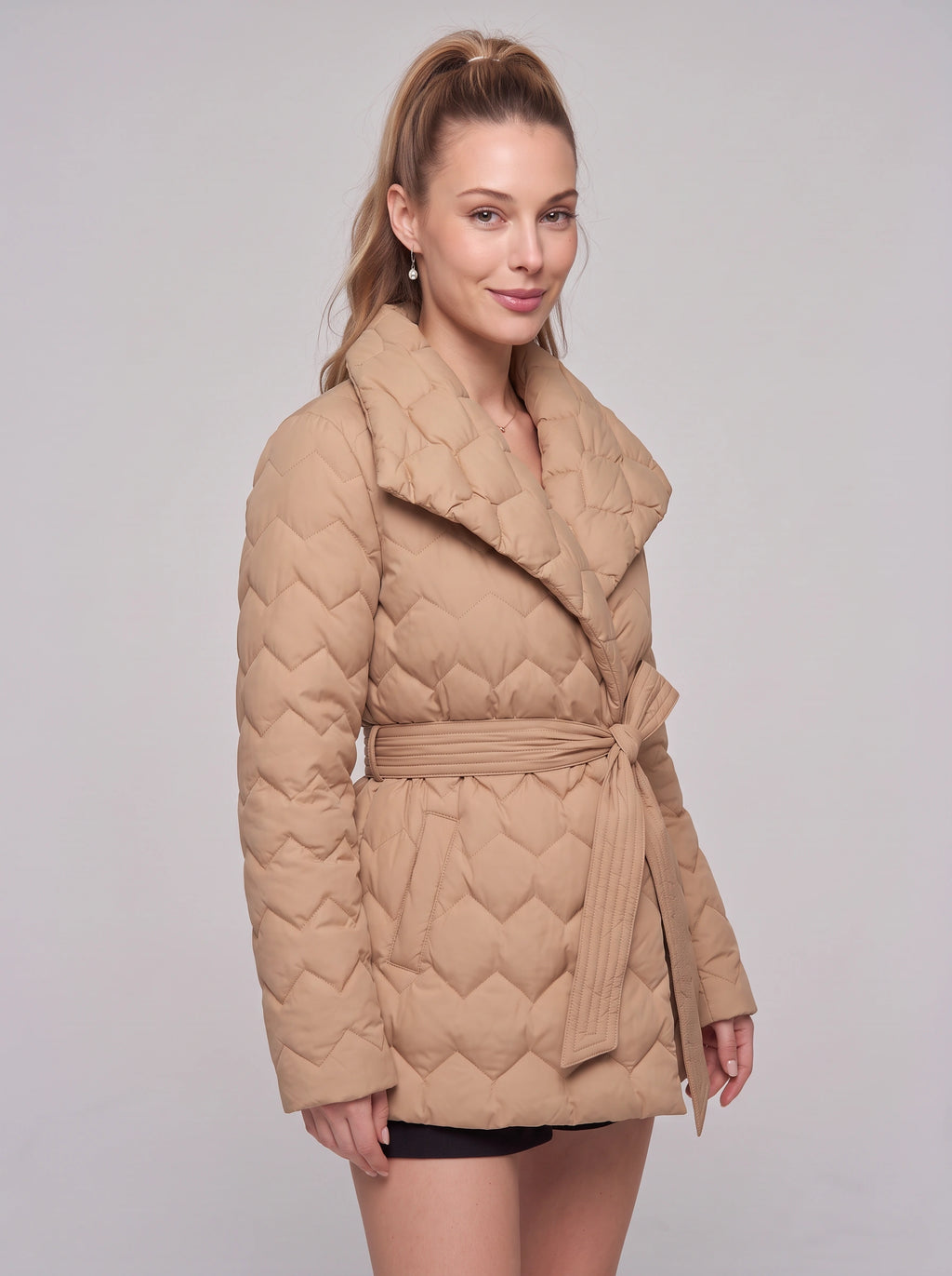 Ribnette Shawl Collar Quilted Puffer Coat – Women Padded Jacket Ladies Belted Wrap Winter Outerwear Coat