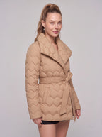 Ribnette Shawl Collar Quilted Puffer Coat – Women Padded Jacket Ladies Belted Wrap Winter Outerwear Coat