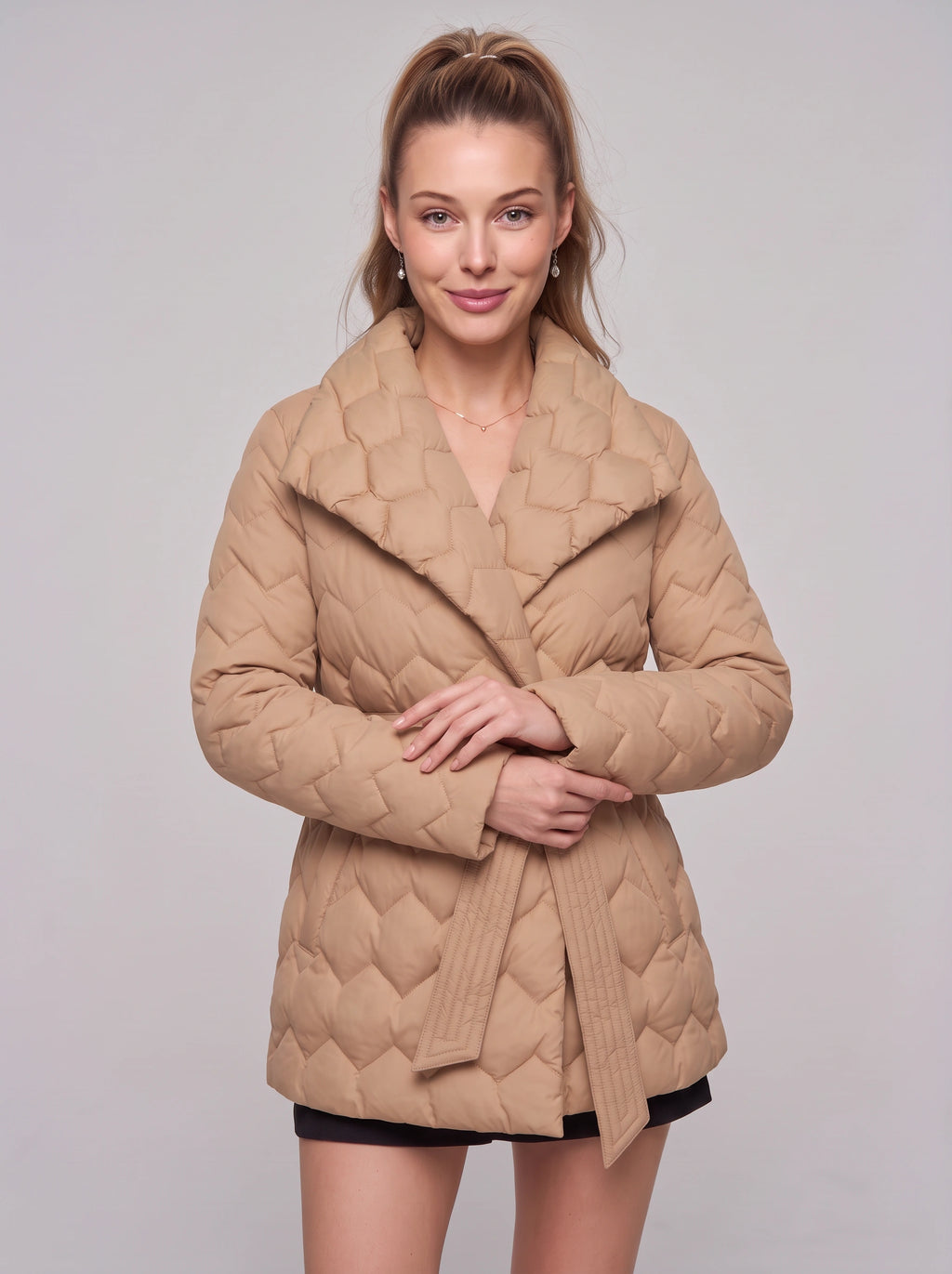 Ribnette Shawl Collar Quilted Puffer Coat – Women Padded Jacket Ladies Belted Wrap Winter Outerwear Coat