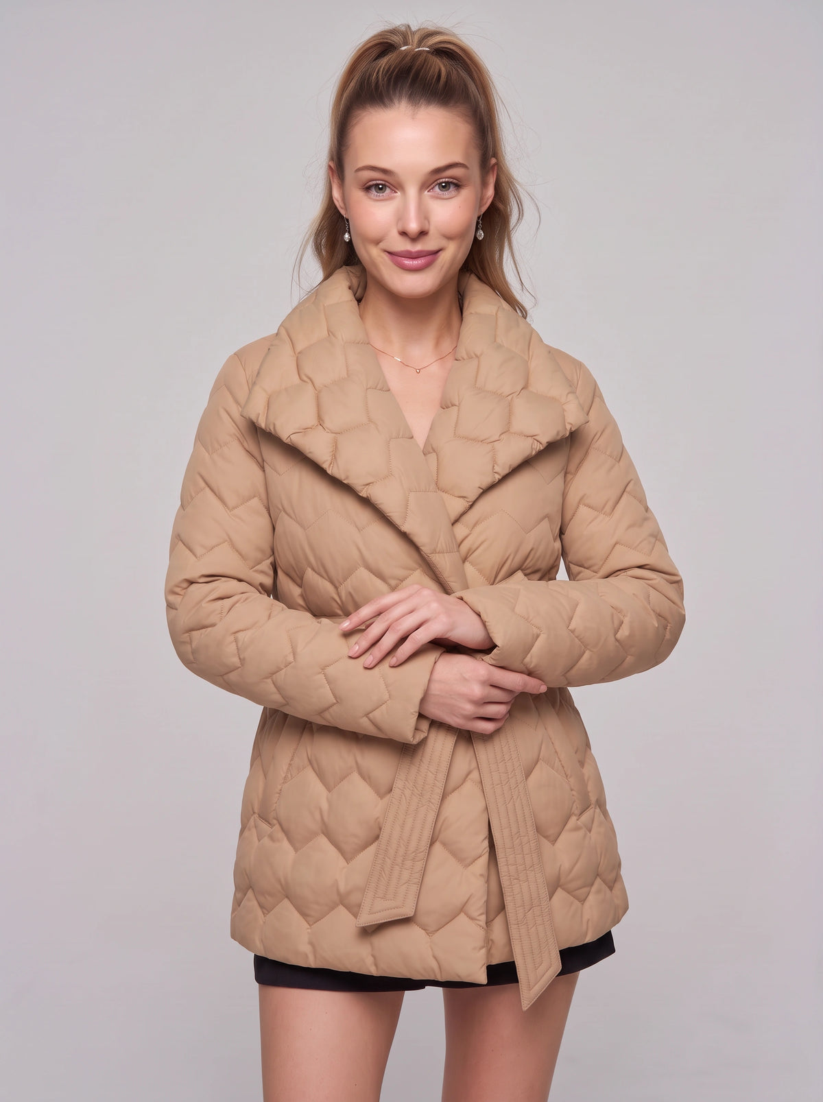 Ribnette Shawl Collar Quilted Puffer Coat – Women Padded Jacket Ladies Belted Wrap Winter Outerwear Coat