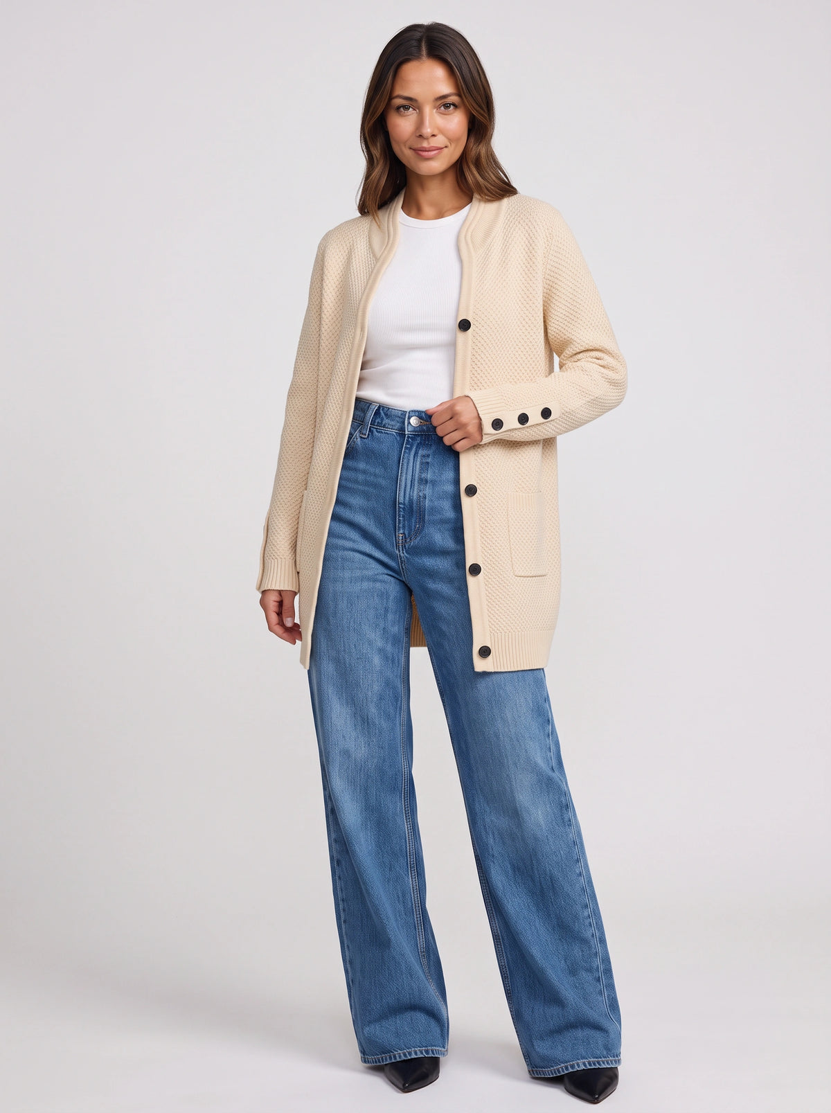 Buttina Longline Knit Cardigan – Women Autumn Casual Office Button Front Longline Cardigan