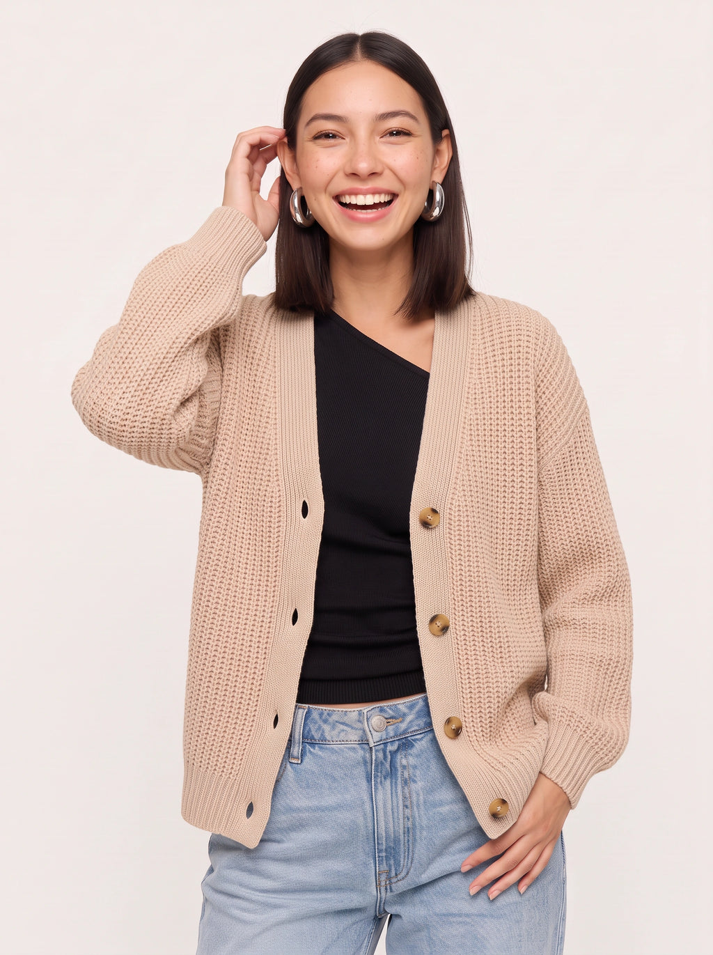 Wafgrid Chunky Knit Button Cardigan – Waffle Knit Cardigan Women Autumn Winter Oversized Knitwear