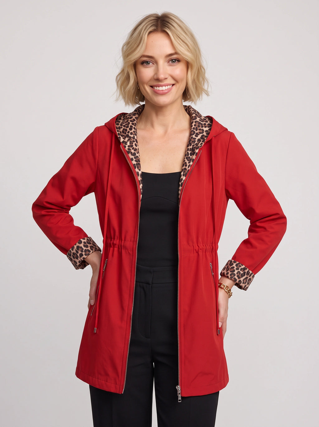 Revoleo Reversible Hooded Longline Jacket – Leopard Print Lined Women Casual Fall Outerwear Zip Jacket