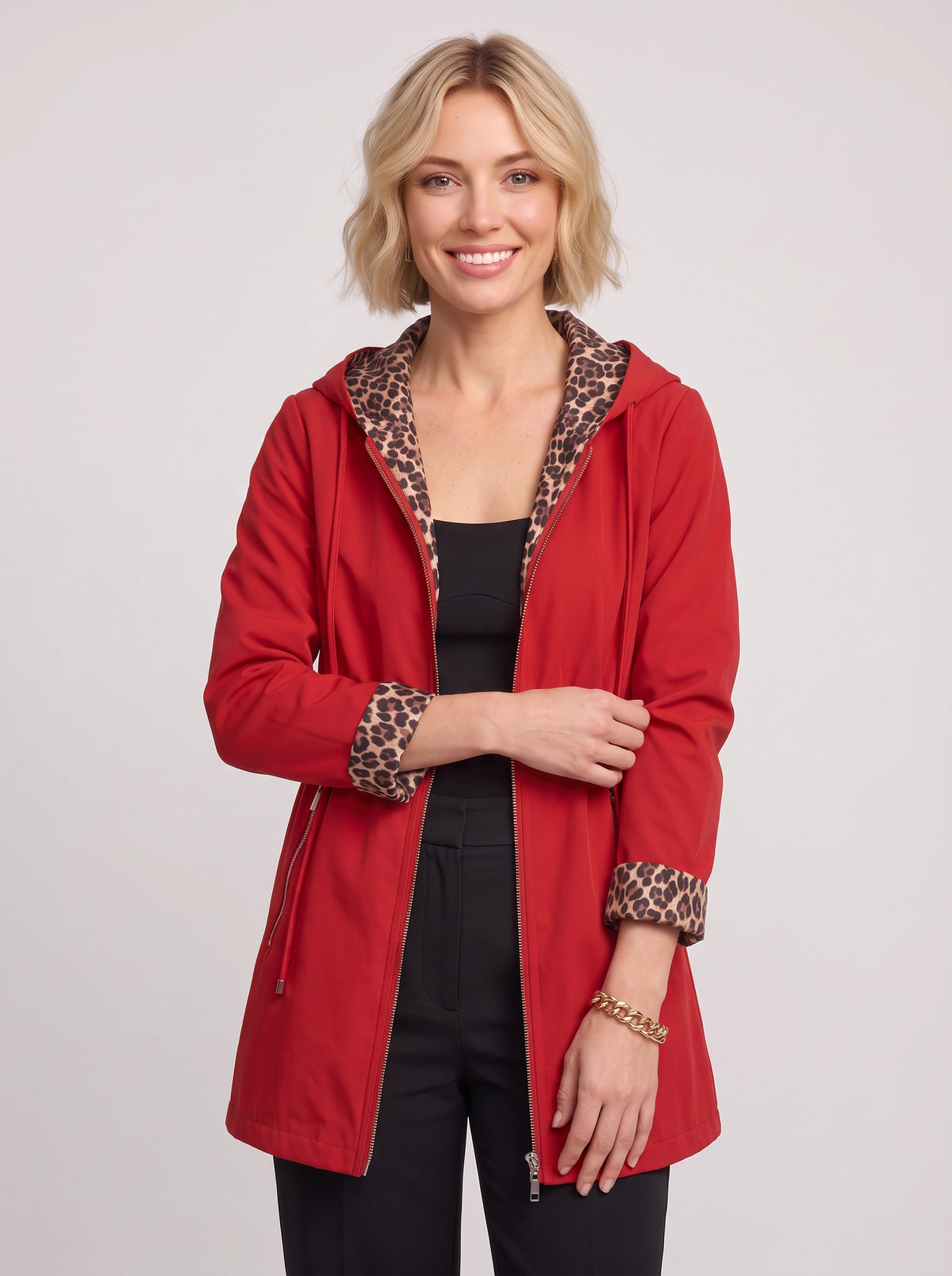 Revoleo Reversible Hooded Longline Jacket – Leopard Print Lined Women Casual Fall Outerwear Zip Jacket