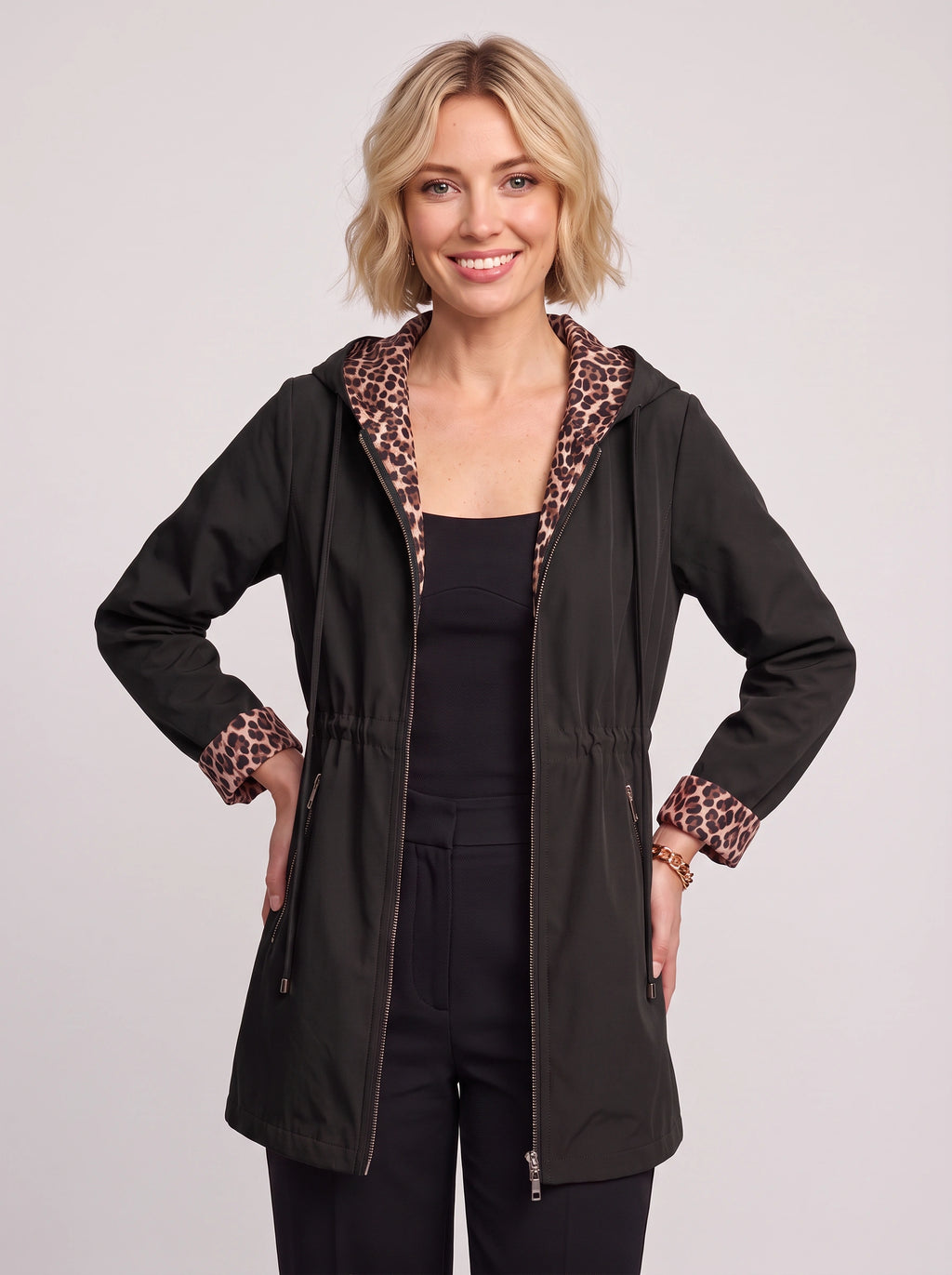 Revoleo Reversible Hooded Longline Jacket – Leopard Print Lined Women Casual Fall Outerwear Zip Jacket