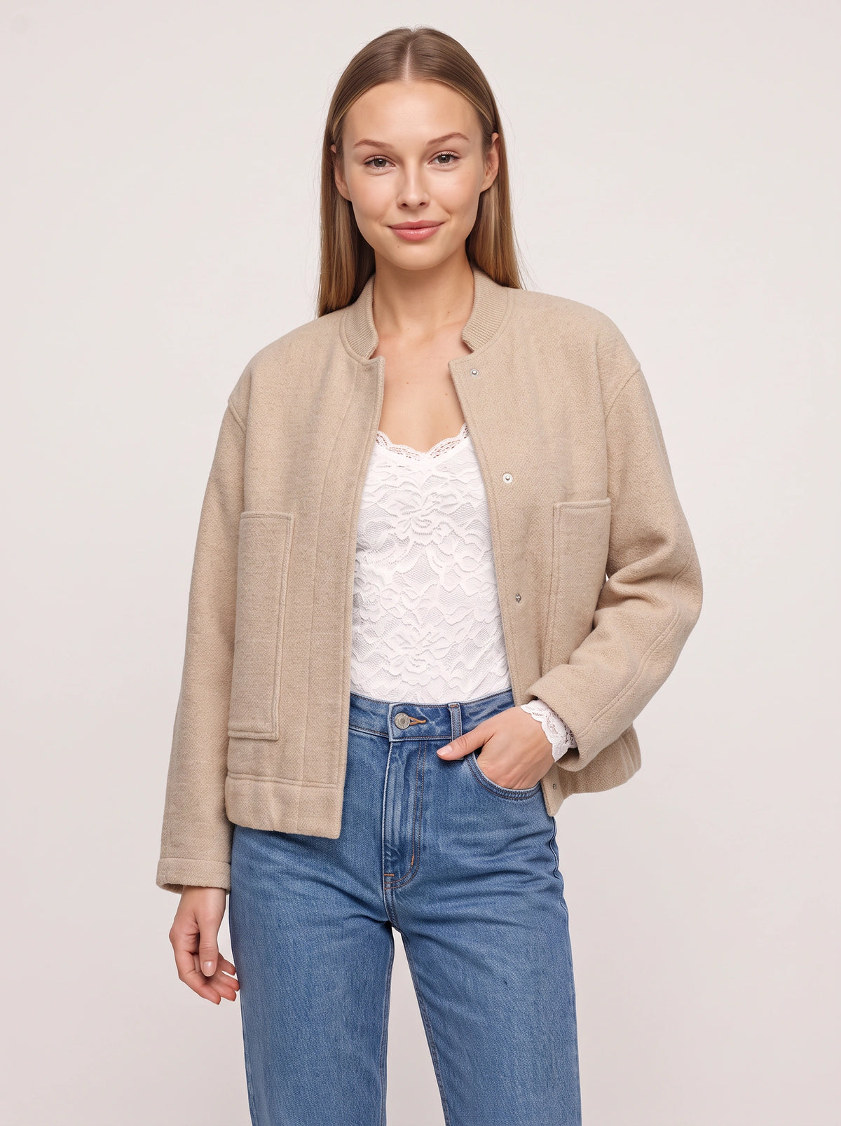 Knibra Ribbed Collar Oversized Bomber Jacket – Women Casual Autumn Workwear Longline Bomber Jacket