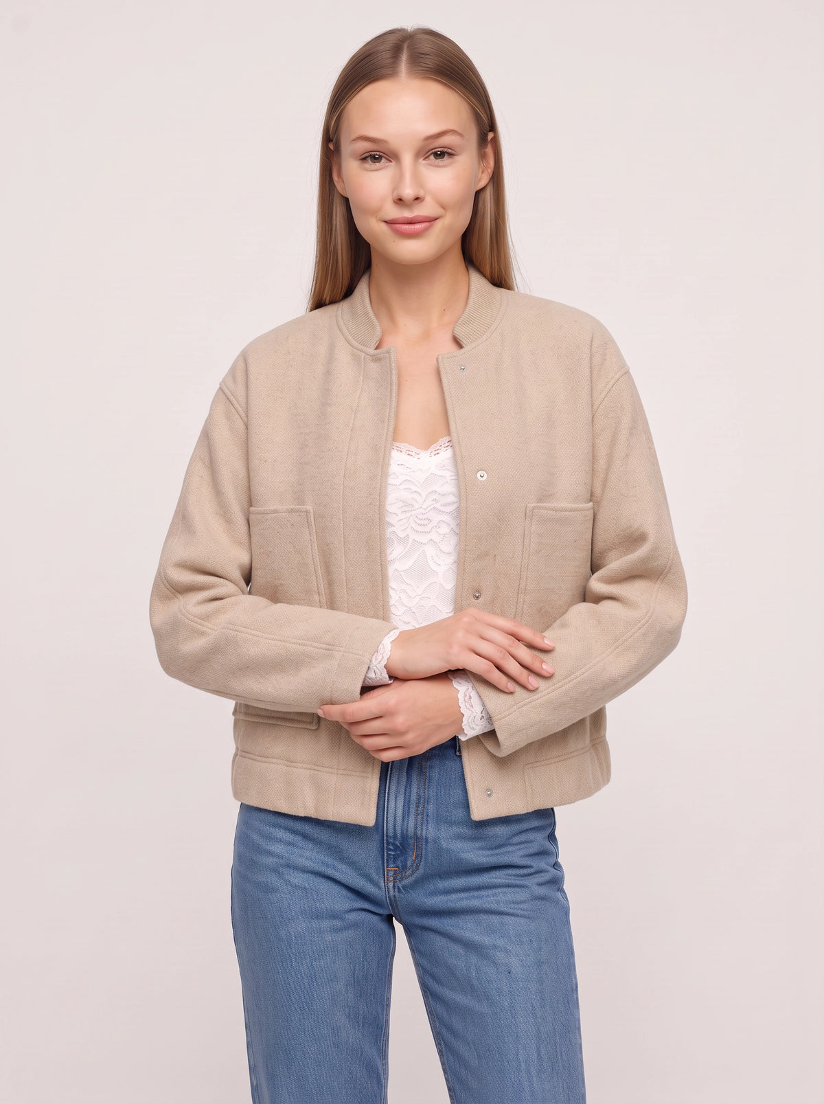 Knibra Ribbed Collar Oversized Bomber Jacket – Women Casual Autumn Workwear Longline Bomber Jacket