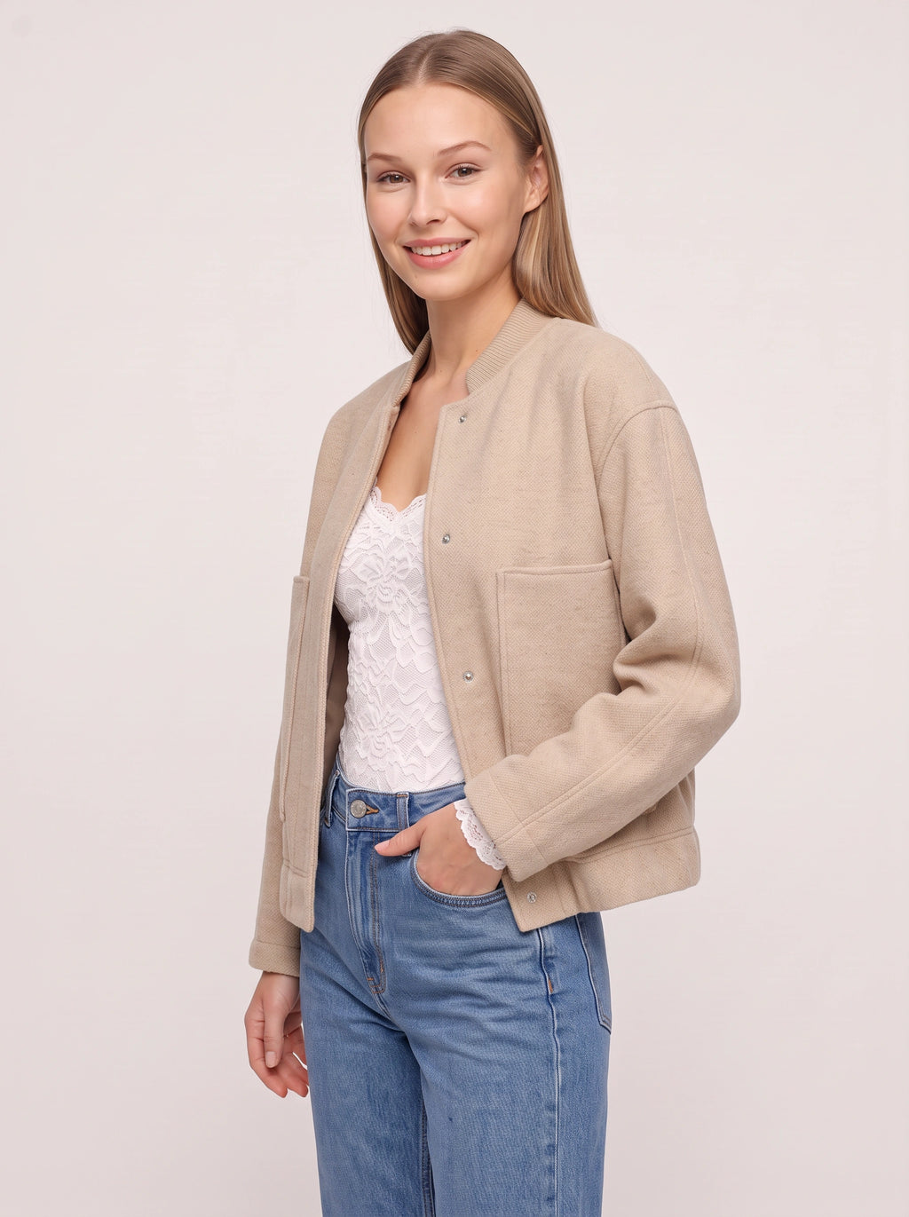 Knibra Ribbed Collar Oversized Bomber Jacket – Women Casual Autumn Workwear Longline Bomber Jacket