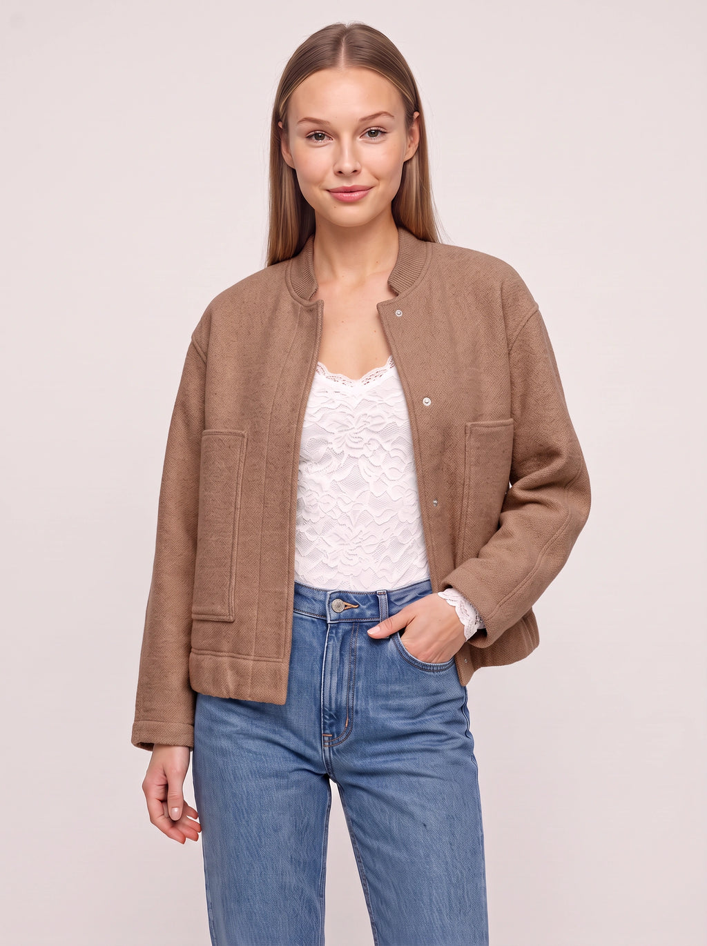 Knibra Ribbed Collar Oversized Bomber Jacket – Women Casual Autumn Workwear Longline Bomber Jacket