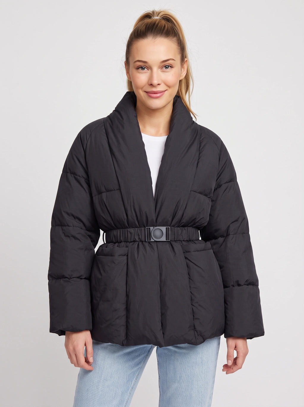 Sholfena Belted Puffer Jacket – Padded Quilted Winter Women Oversized Shawl Collar Coat