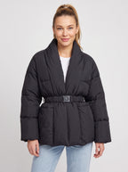 Sholfena Belted Puffer Jacket – Padded Quilted Winter Women Oversized Shawl Collar Coat