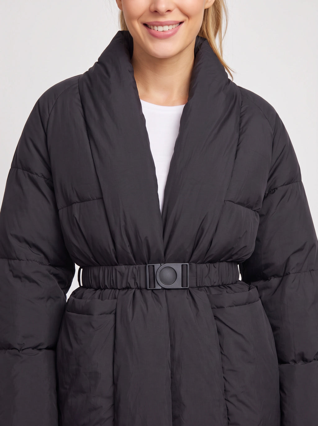 Sholfena Belted Puffer Jacket – Padded Quilted Winter Women Oversized Shawl Collar Coat