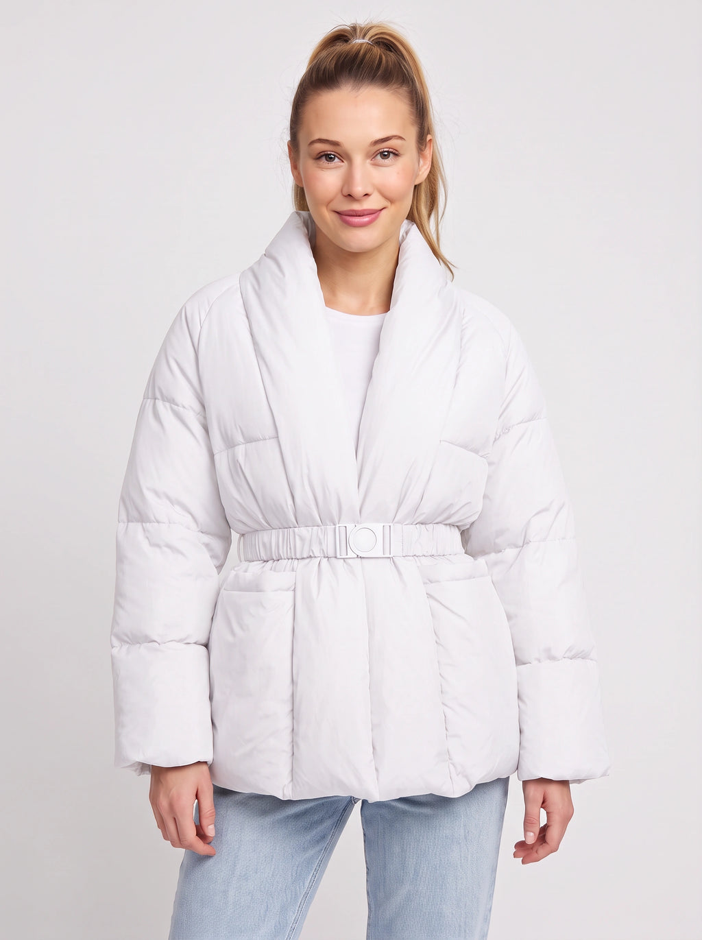 Sholfena Belted Puffer Jacket – Padded Quilted Winter Women Oversized Shawl Collar Coat