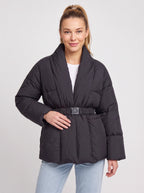 Sholfena Belted Puffer Jacket – Padded Quilted Winter Women Oversized Shawl Collar Coat