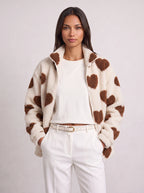 Heartica Heart Teddy Fleece Jacket – Cow Print Fleece Women Casual Relaxed Oversized Zip Jacket