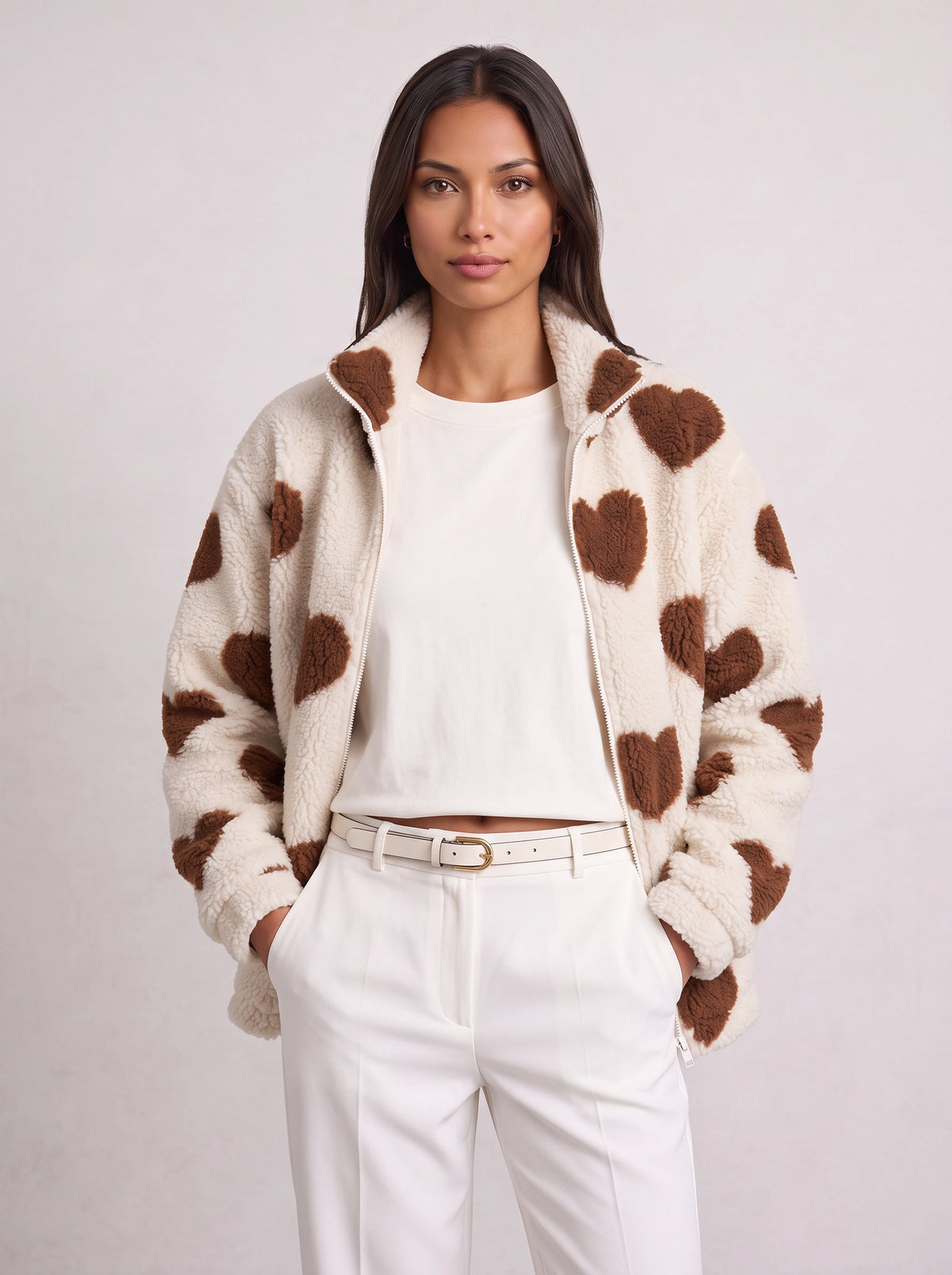 Heartica Heart Teddy Fleece Jacket – Cow Print Fleece Women Casual Relaxed Oversized Zip Jacket