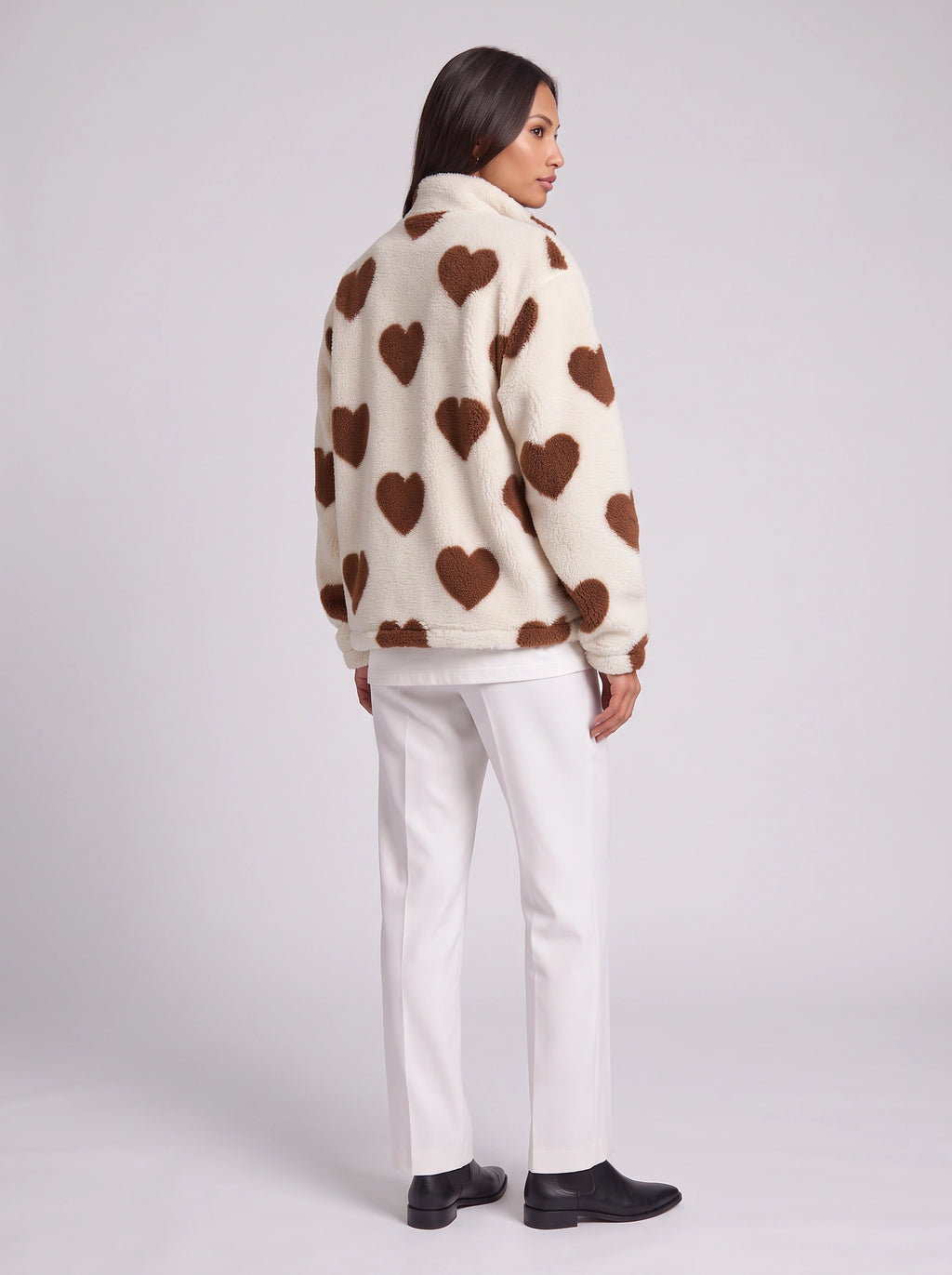 Heartica Heart Teddy Fleece Jacket – Cow Print Fleece Women Casual Relaxed Oversized Zip Jacket