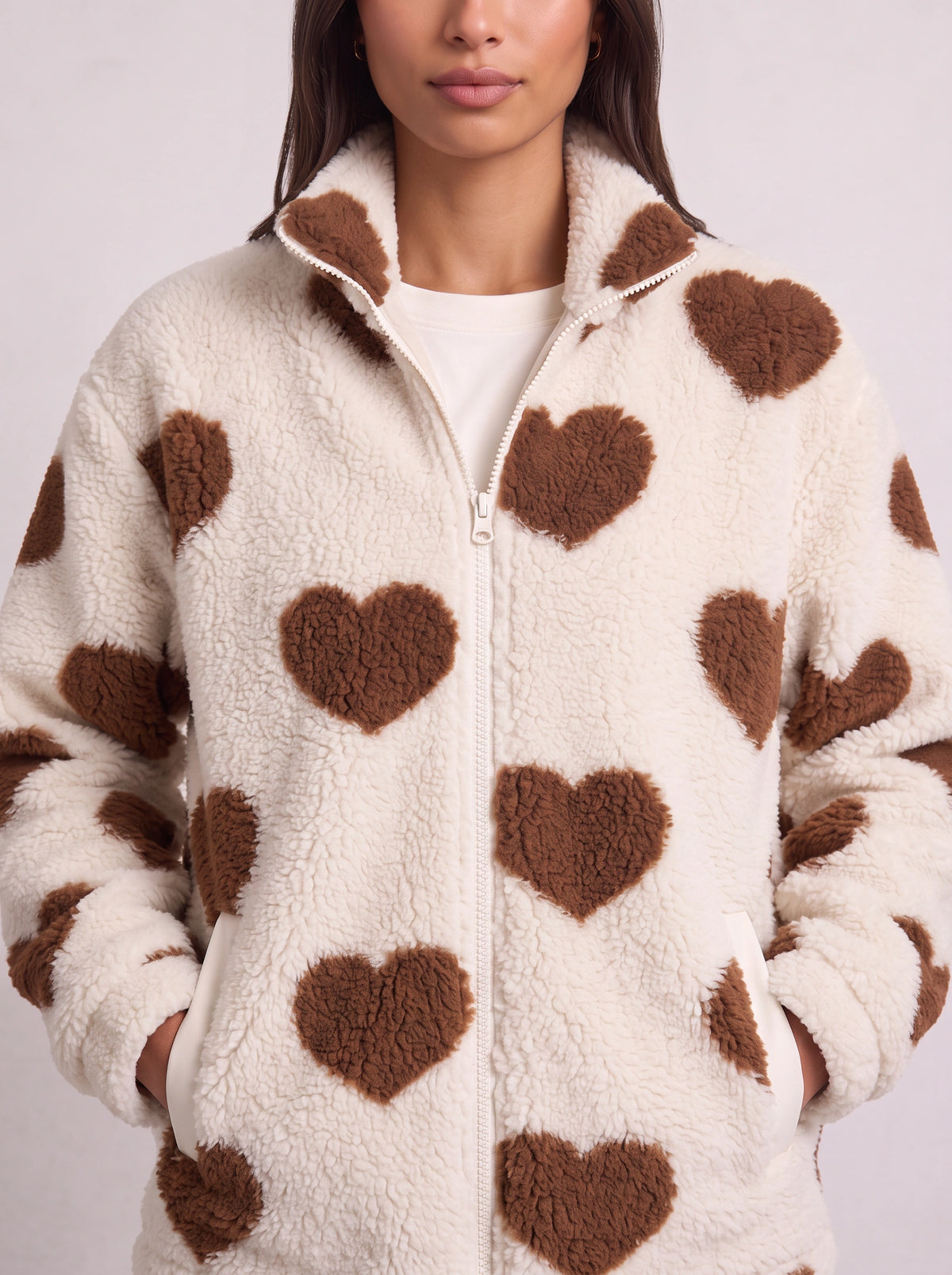Heartica Heart Teddy Fleece Jacket – Cow Print Fleece Women Casual Relaxed Oversized Zip Jacket