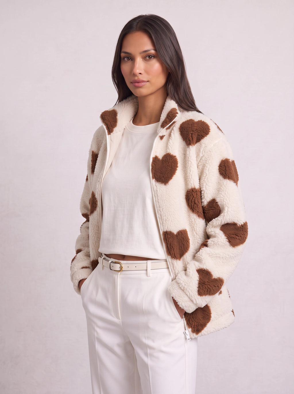 Heartica Heart Teddy Fleece Jacket – Cow Print Fleece Women Casual Relaxed Oversized Zip Jacket