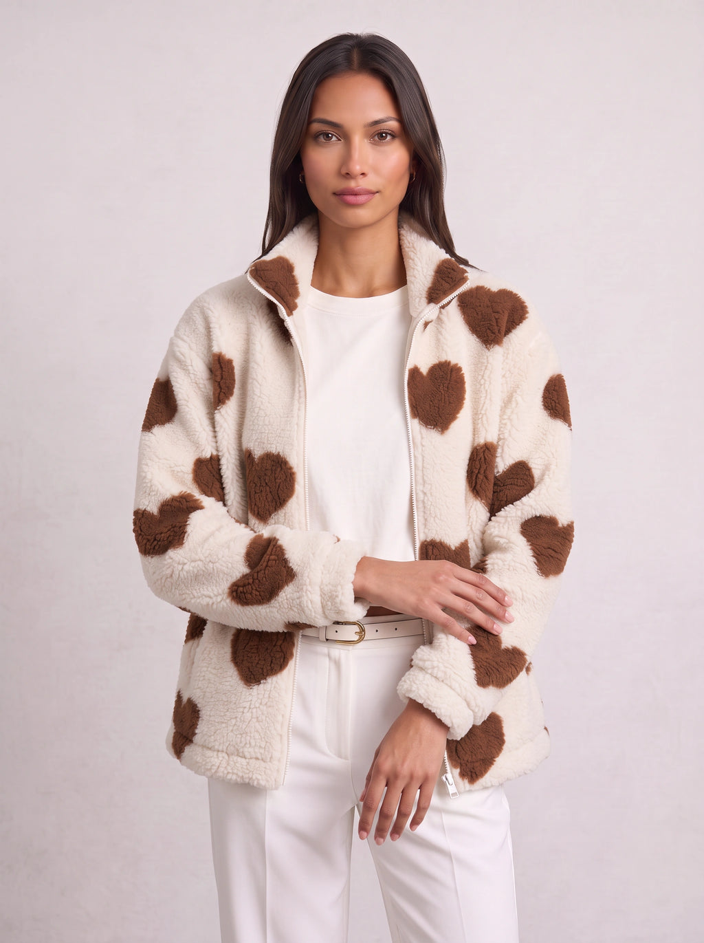 Heartica Heart Teddy Fleece Jacket – Cow Print Fleece Women Casual Relaxed Oversized Zip Jacket