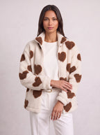 Heartica Heart Teddy Fleece Jacket – Cow Print Fleece Women Casual Relaxed Oversized Zip Jacket