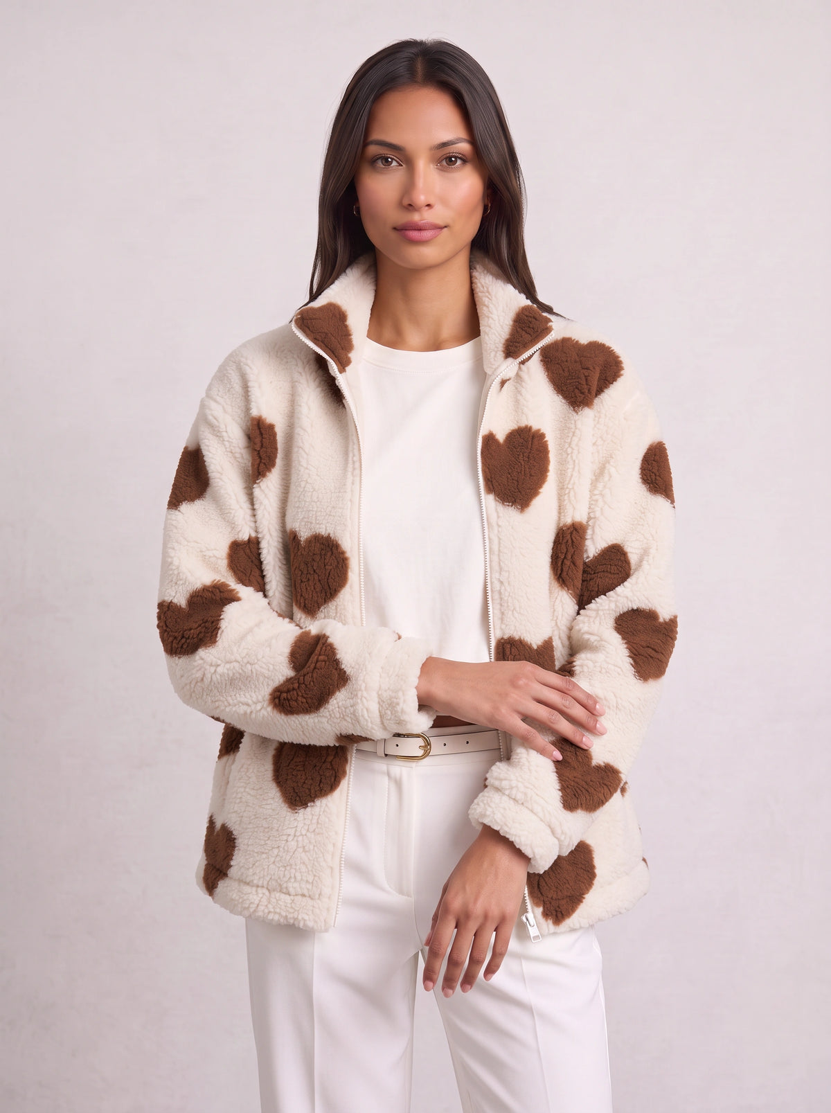 Heartica Heart Teddy Fleece Jacket – Cow Print Fleece Women Casual Relaxed Oversized Zip Jacket