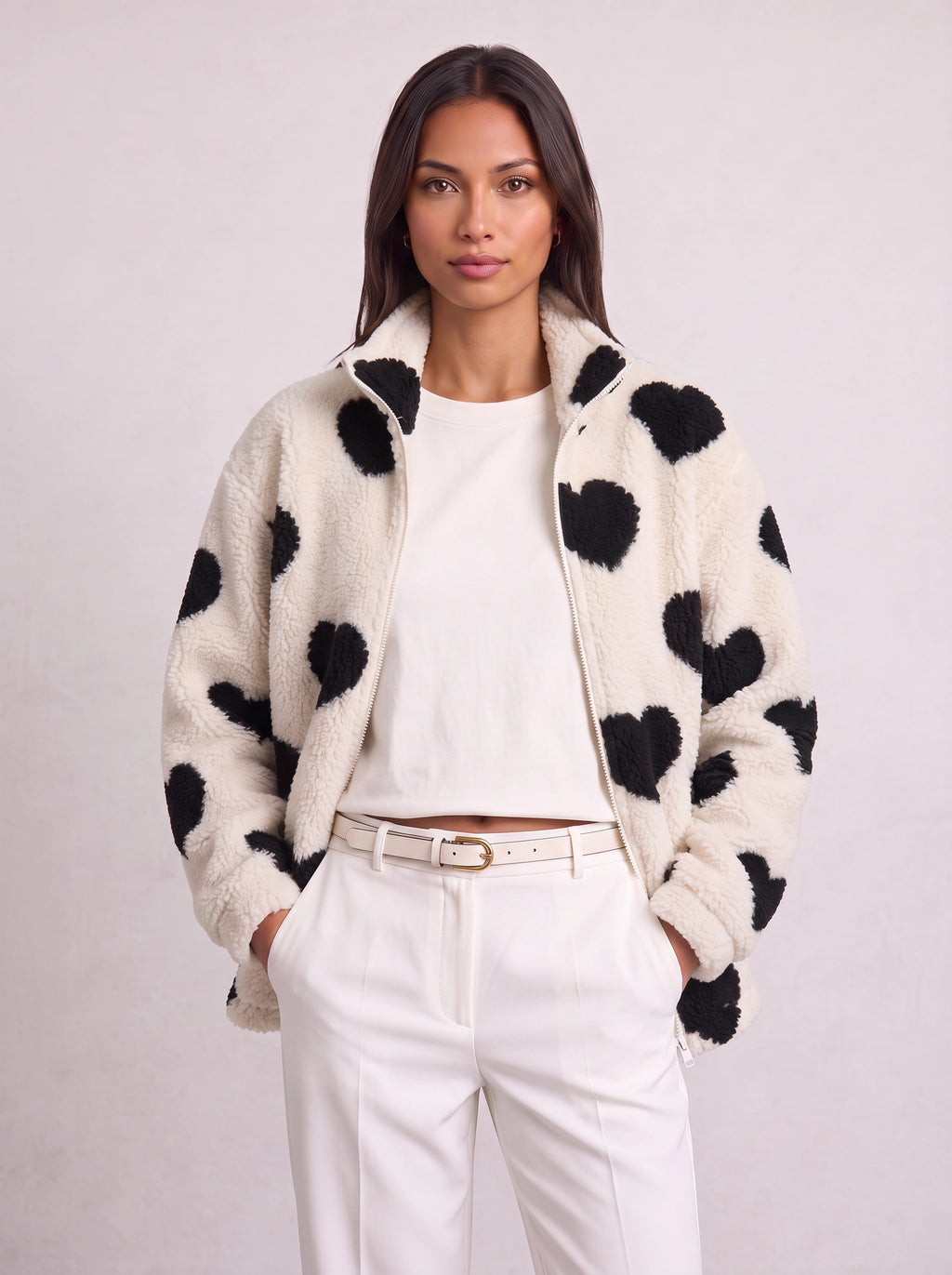 Heartica Heart Teddy Fleece Jacket – Cow Print Fleece Women Casual Relaxed Oversized Zip Jacket