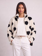 Heartica Heart Teddy Fleece Jacket – Cow Print Fleece Women Casual Relaxed Oversized Zip Jacket