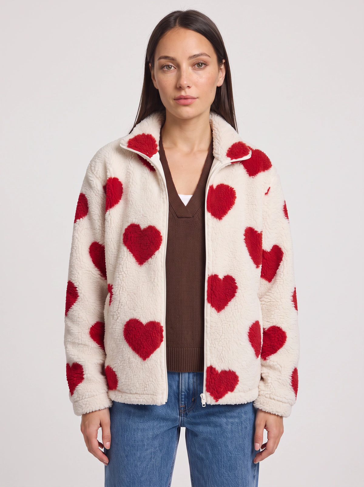 Hartesca Heart Print Teddy Fleece Zip Jacket – Women Oversized Zip Up Casual Winter Cosy Lounge Jacket