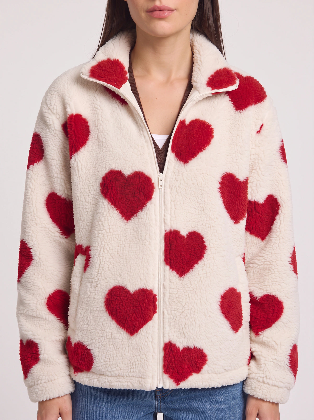 Hartesca Heart Print Teddy Fleece Zip Jacket – Women Oversized Zip Up Casual Winter Cosy Lounge Jacket