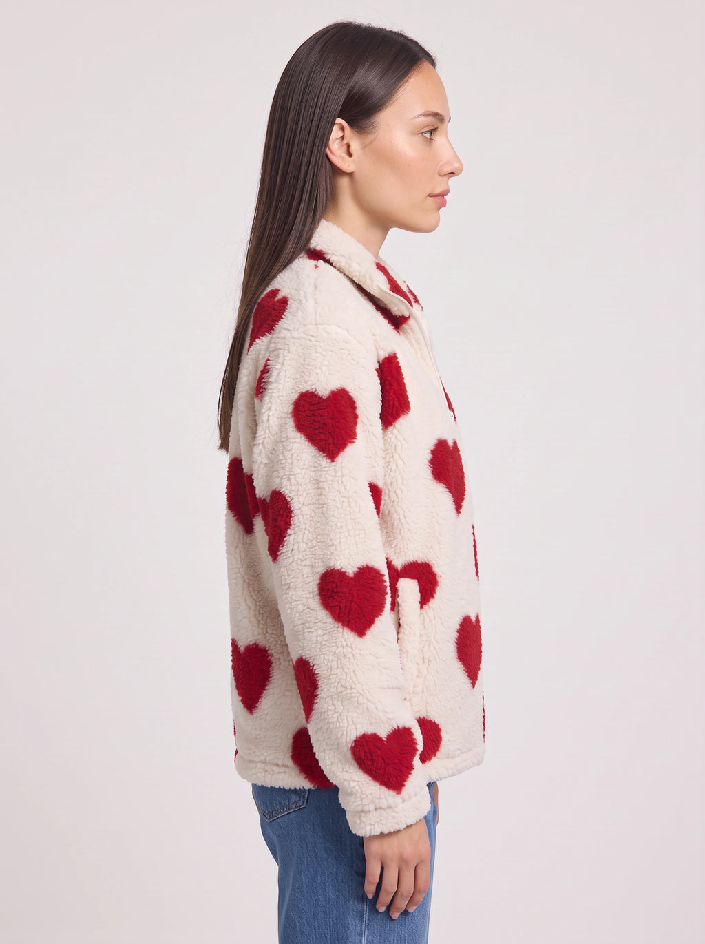 Hartesca Heart Print Teddy Fleece Zip Jacket – Women Oversized Zip Up Casual Winter Cosy Lounge Jacket