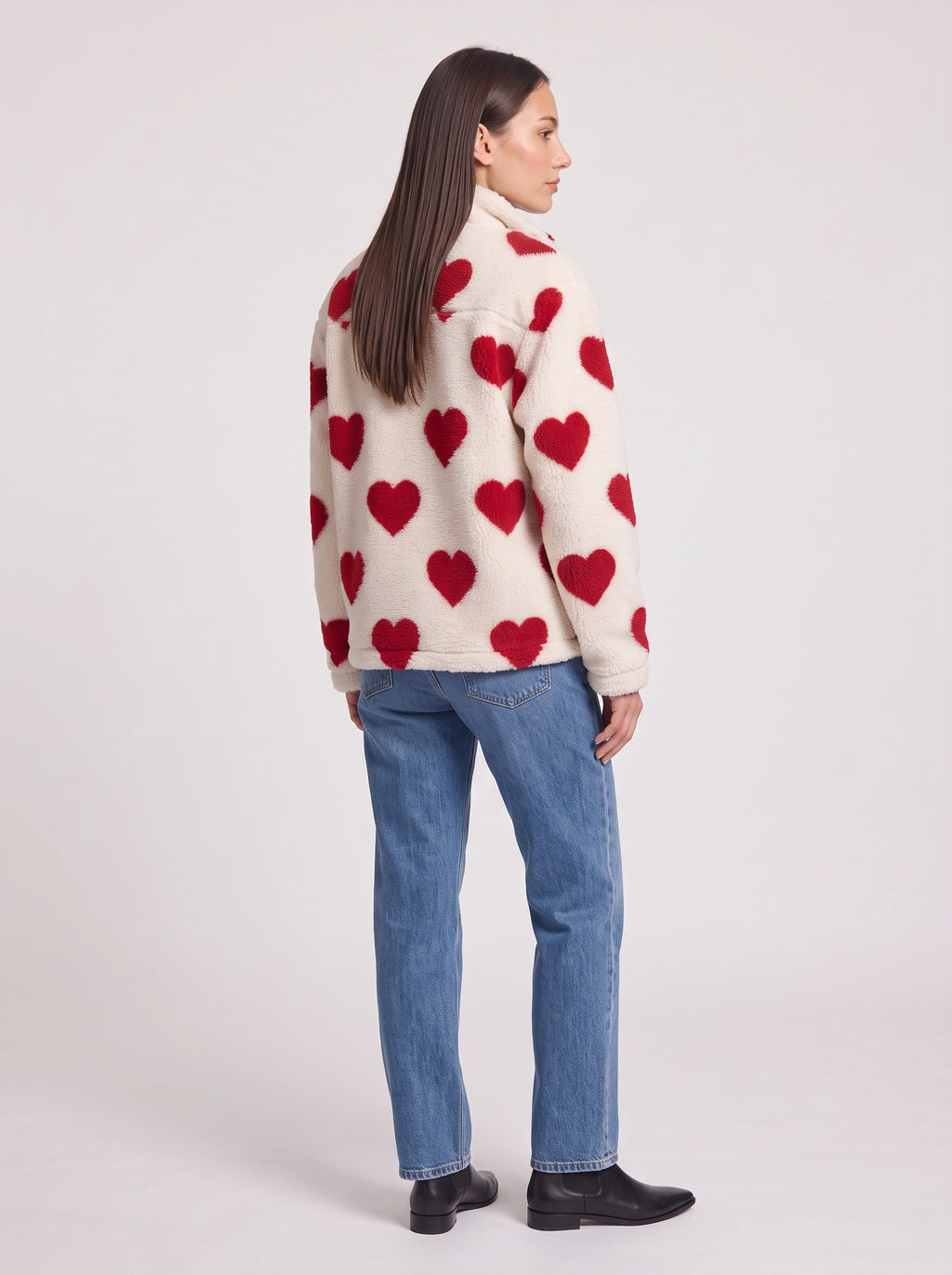 Hartesca Heart Print Teddy Fleece Zip Jacket – Women Oversized Zip Up Casual Winter Cosy Lounge Jacket