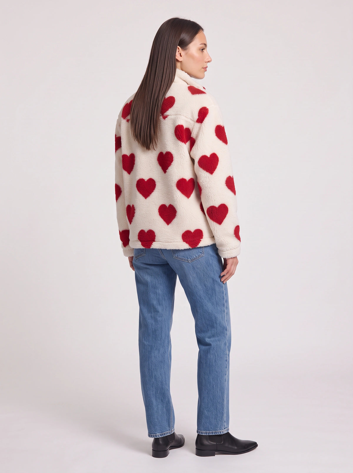 Hartesca Heart Print Teddy Fleece Zip Jacket – Women Oversized Zip Up Casual Winter Cosy Lounge Jacket