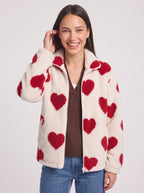 Hartesca Heart Print Teddy Fleece Zip Jacket – Women Oversized Zip Up Casual Winter Cosy Lounge Jacket