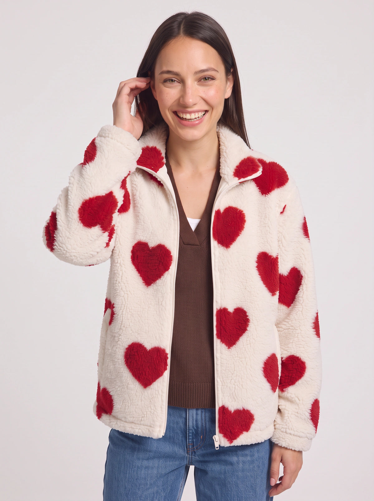 Hartesca Heart Print Teddy Fleece Zip Jacket – Women Oversized Zip Up Casual Winter Cosy Lounge Jacket