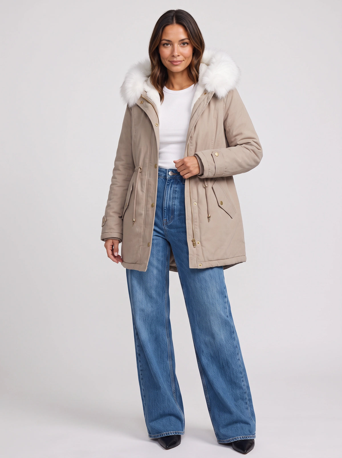 Furhalo Hooded Parka Jacket – Women Faux Fur Hood Winter Casual Longline Drawstring Parka Coat