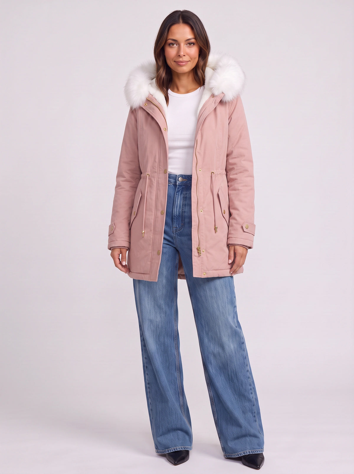 Furhalo Hooded Parka Jacket – Women Faux Fur Hood Winter Casual Longline Drawstring Parka Coat