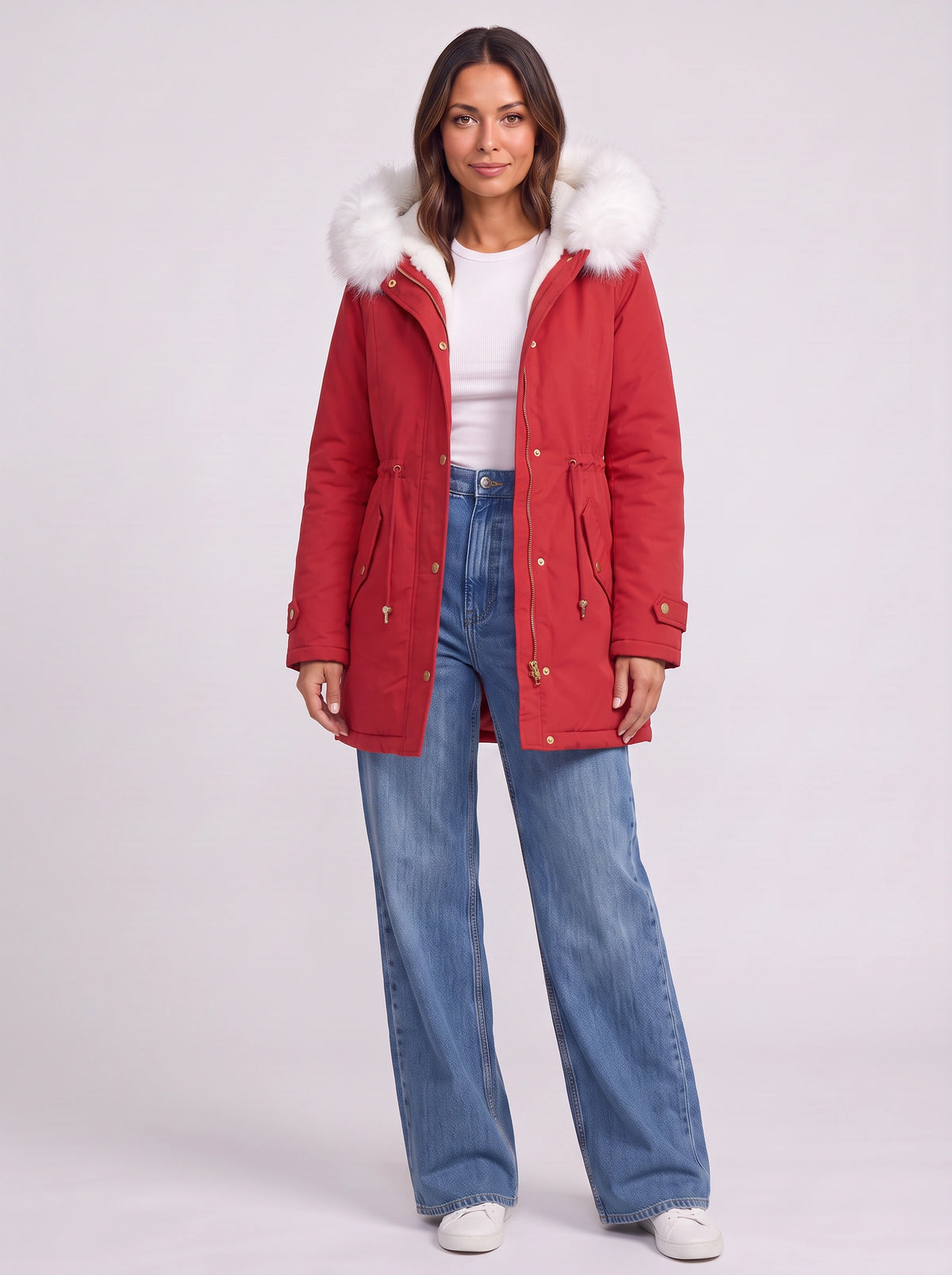 Furhalo Hooded Parka Jacket – Women Faux Fur Hood Winter Casual Longline Drawstring Parka Coat