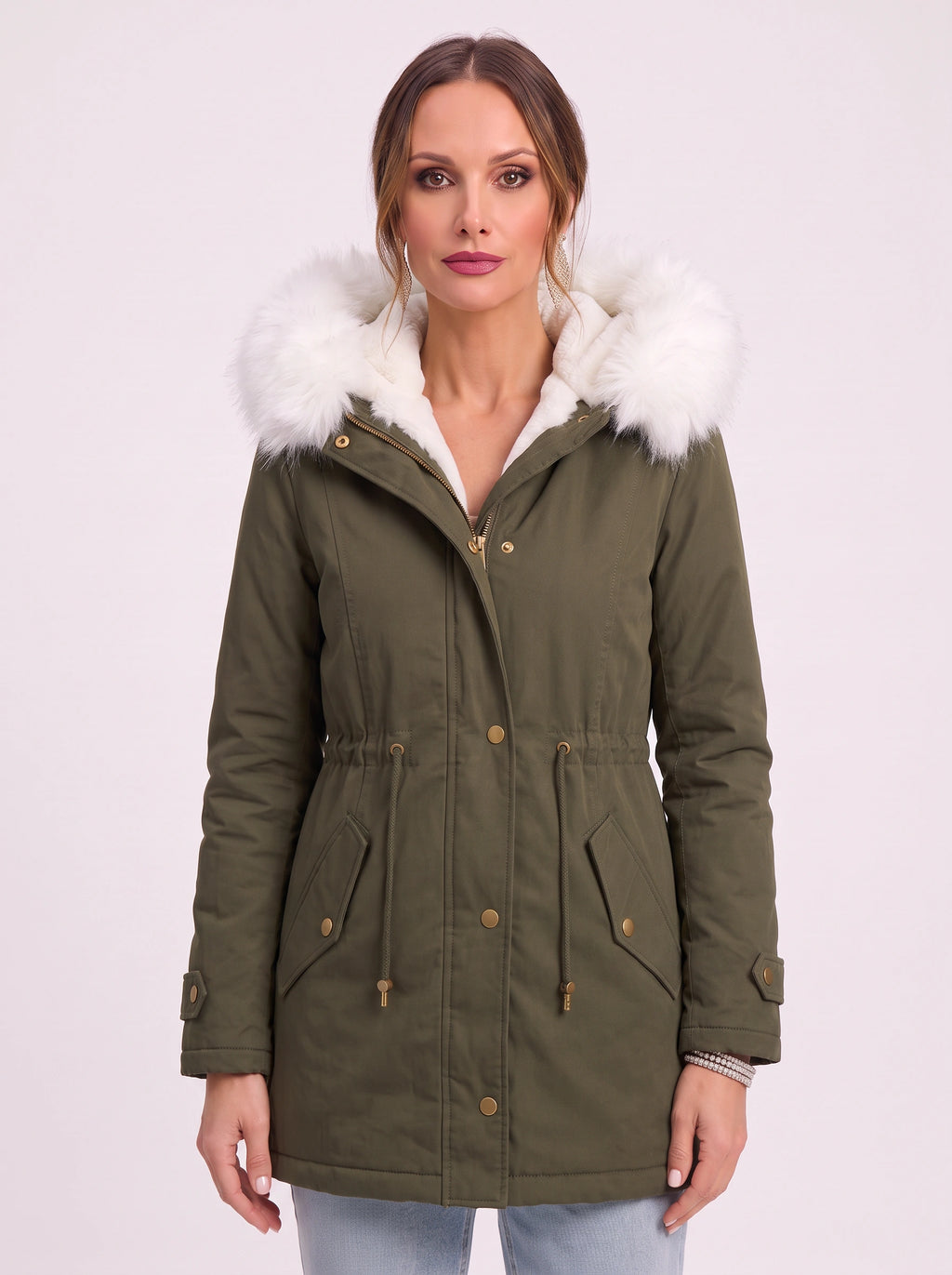 Cinchra Hooded Parka Jacket – Faux Fur Trim Longline Winter Women Casual Outerwear Coat