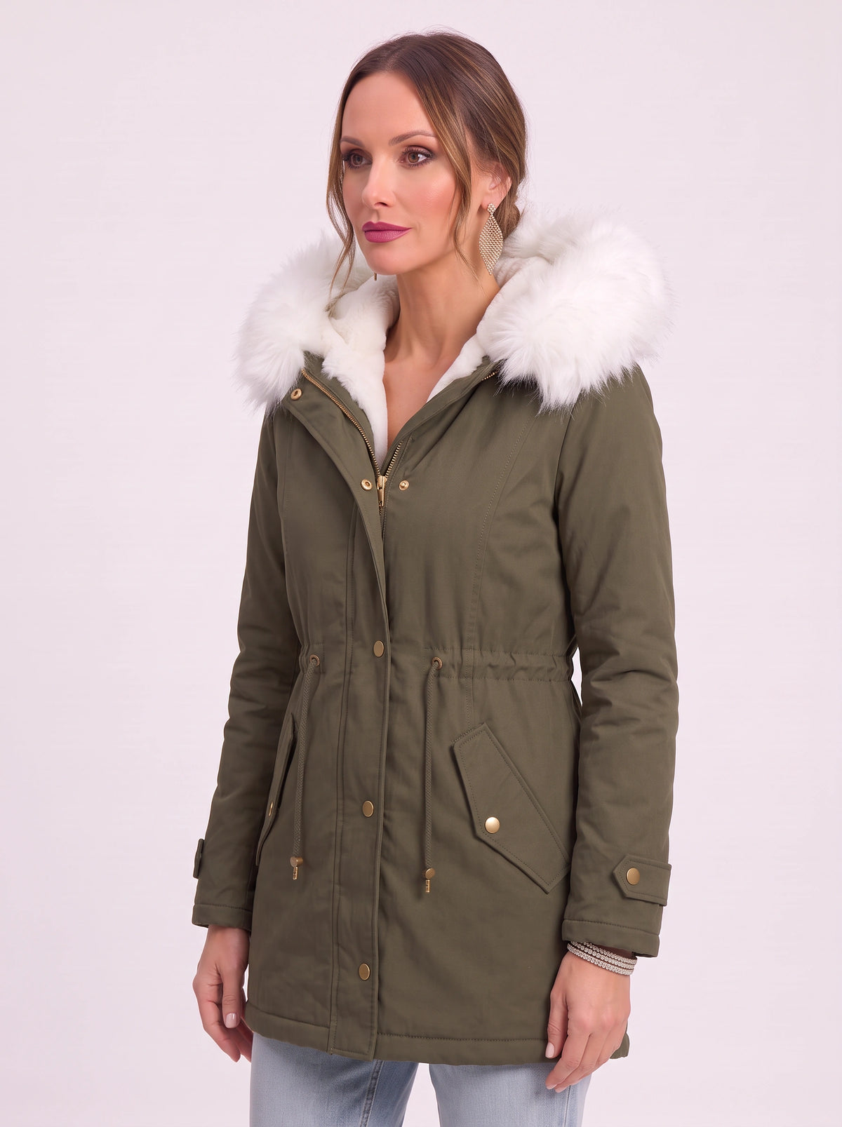 Cinchra Hooded Parka Jacket – Faux Fur Trim Longline Winter Women Casual Outerwear Coat