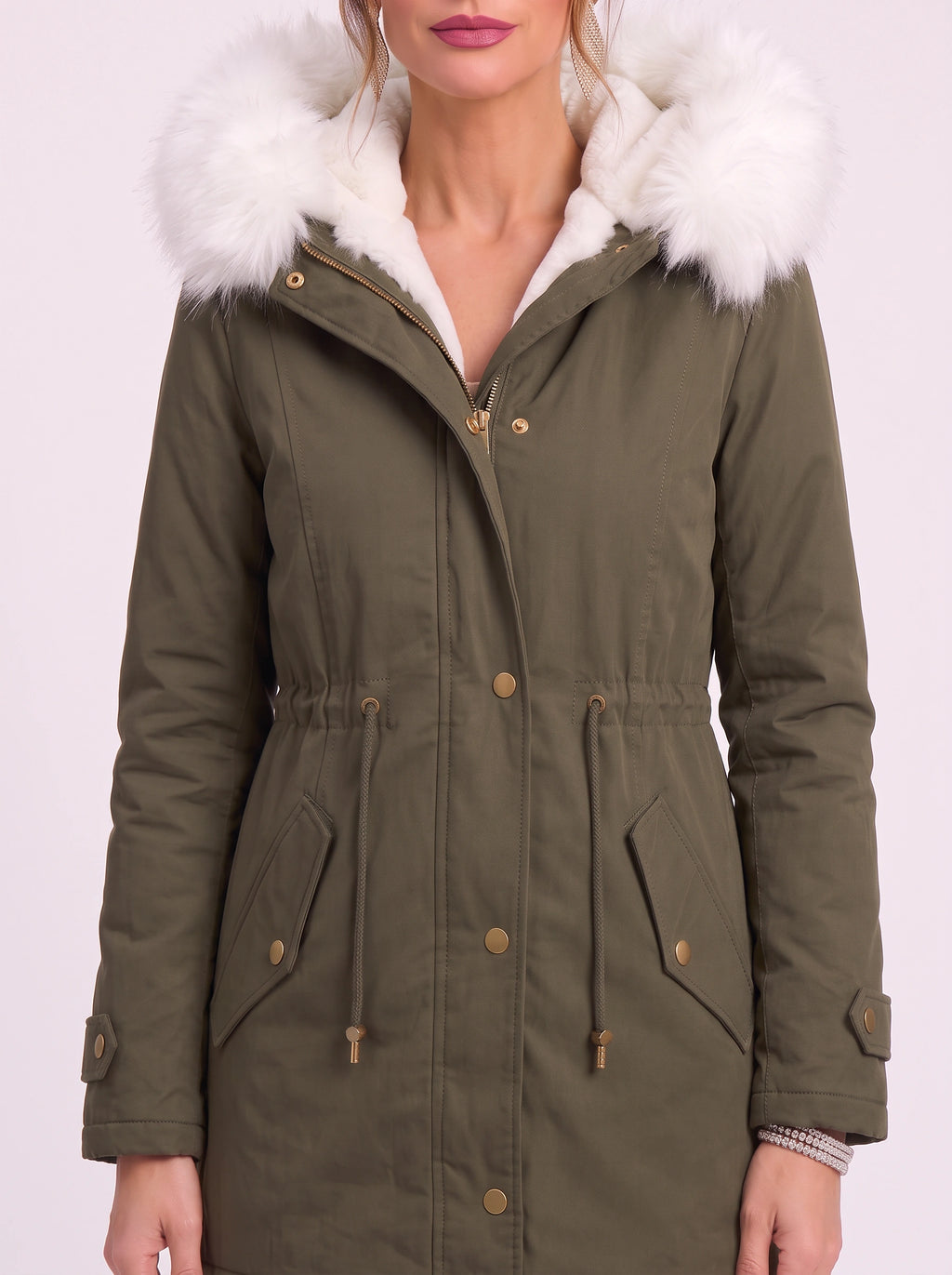 Cinchra Hooded Parka Jacket – Faux Fur Trim Longline Winter Women Casual Outerwear Coat