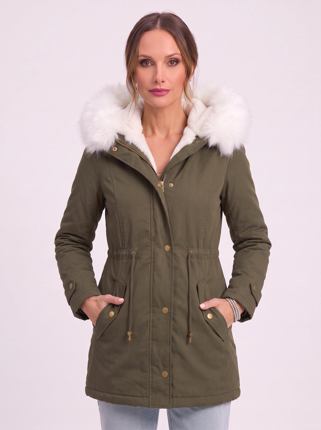 Cinchra Hooded Parka Jacket – Faux Fur Trim Longline Winter Women Casual Outerwear Coat