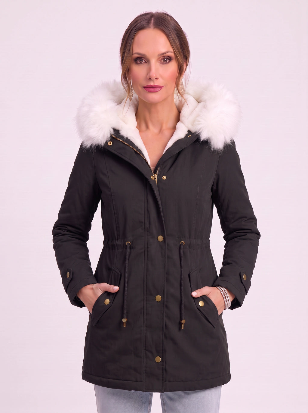 Cinchra Hooded Parka Jacket – Faux Fur Trim Longline Winter Women Casual Outerwear Coat