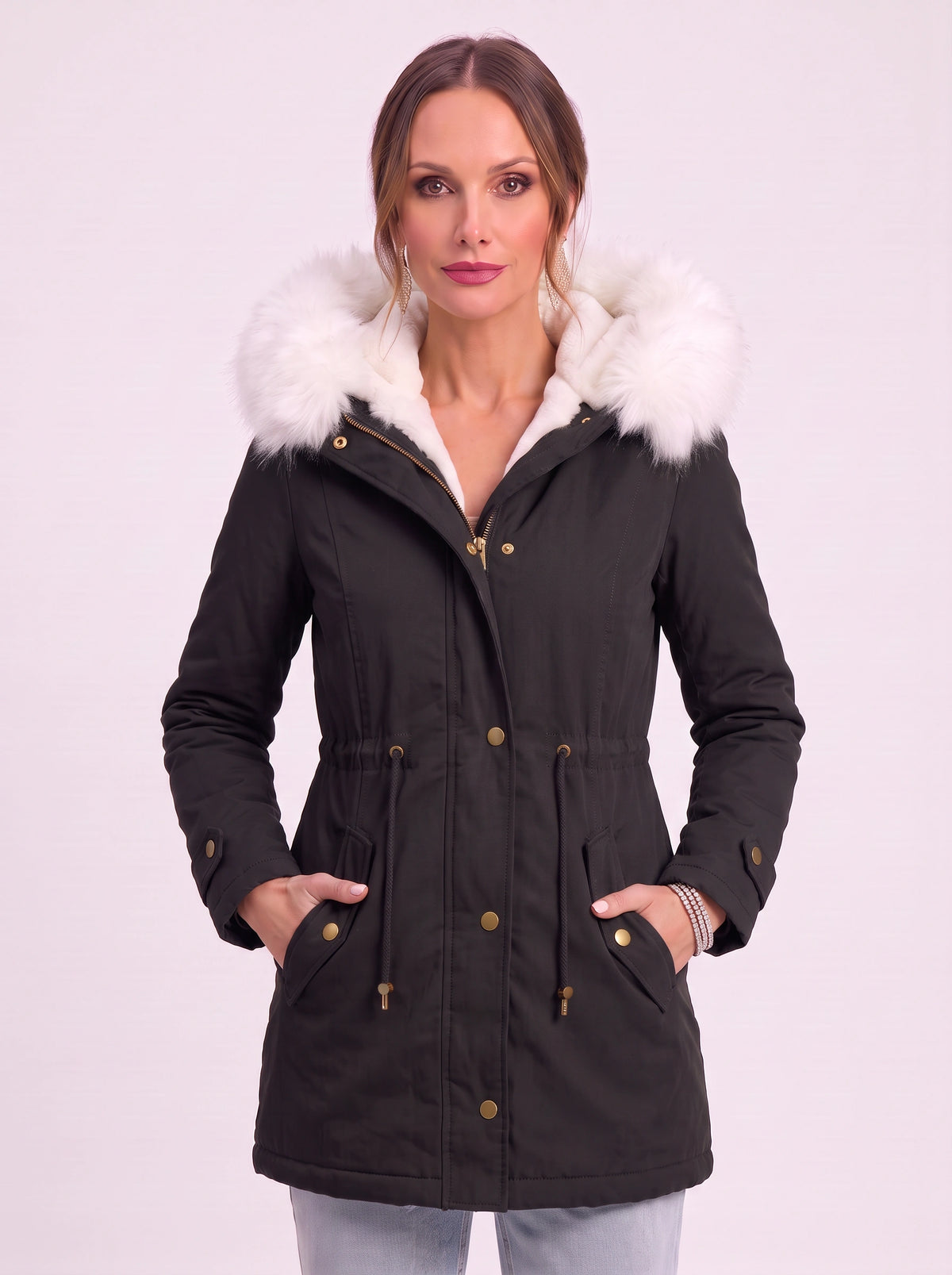 Cinchra Hooded Parka Jacket – Faux Fur Trim Longline Winter Women Casual Outerwear Coat