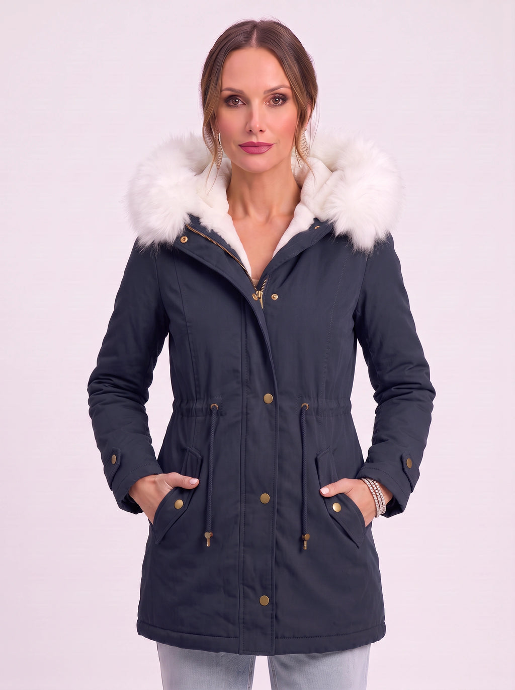 Cinchra Hooded Parka Jacket – Faux Fur Trim Longline Winter Women Casual Outerwear Coat