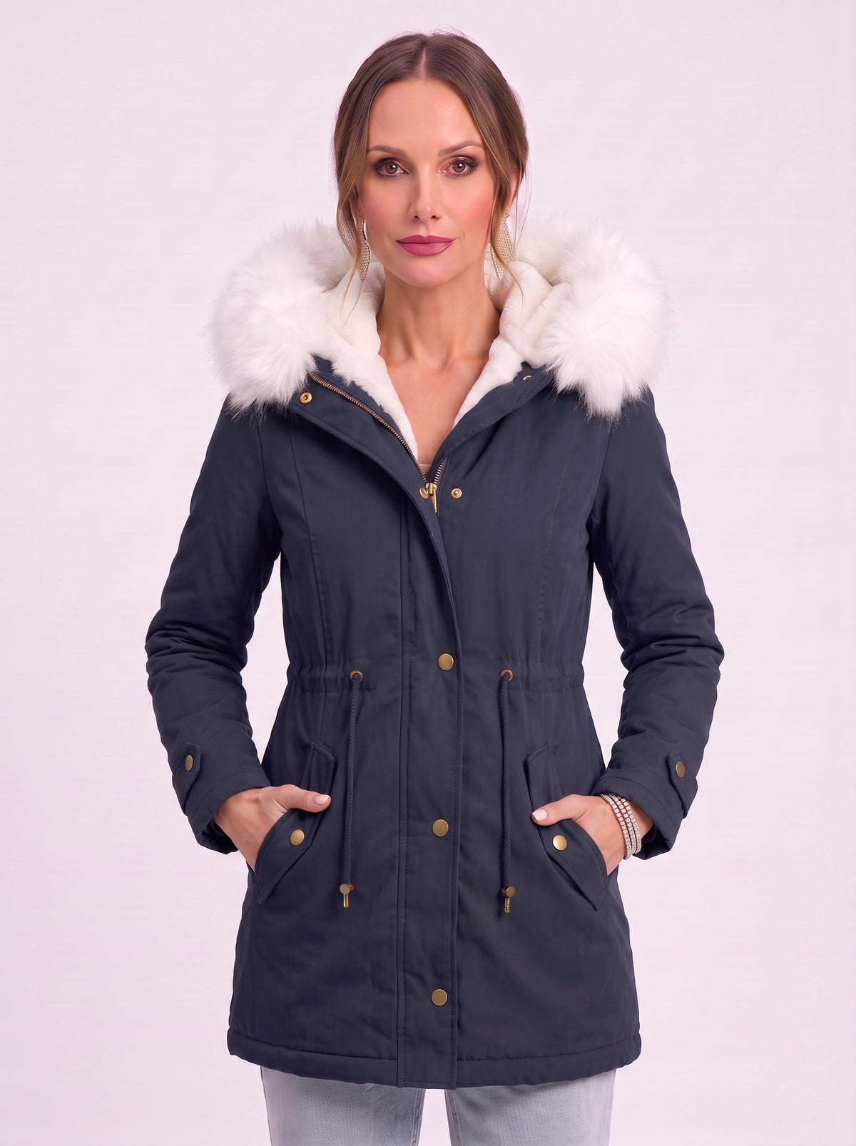 Cinchra Hooded Parka Jacket – Faux Fur Trim Longline Winter Women Casual Outerwear Coat