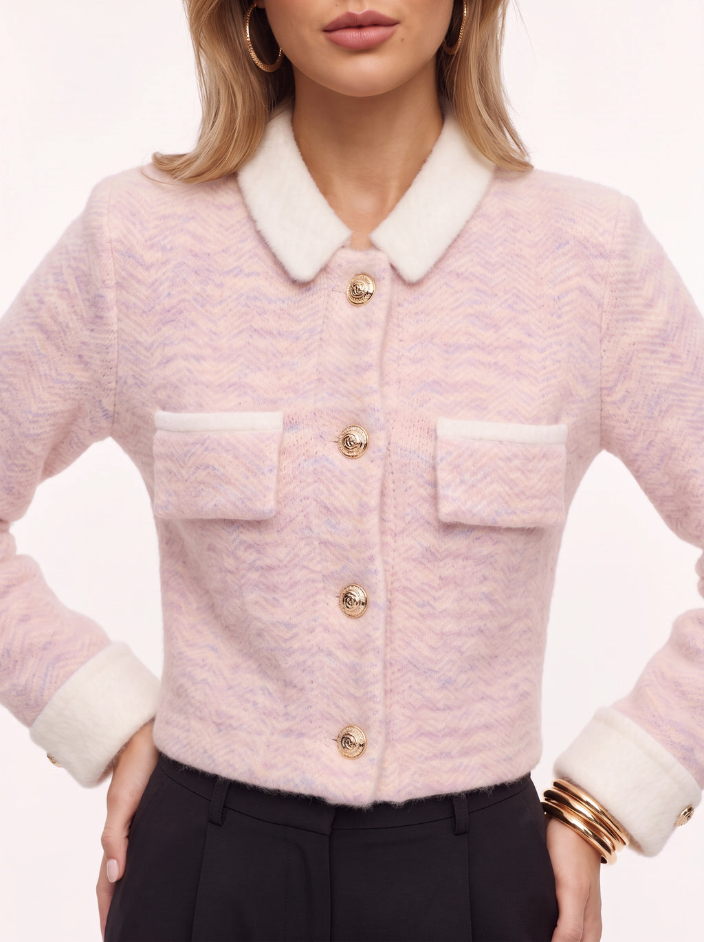 Trimpyn Contrast Collar Crop Cardigan – Fuzzy Knit Women Office Autumn Smart Casual Cropped Cardigan